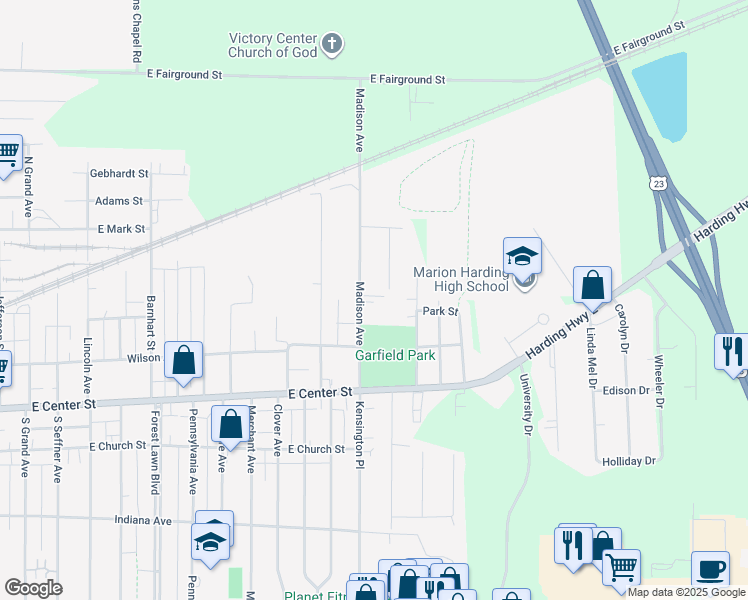 map of restaurants, bars, coffee shops, grocery stores, and more near 9 Madison Avenue in Marion