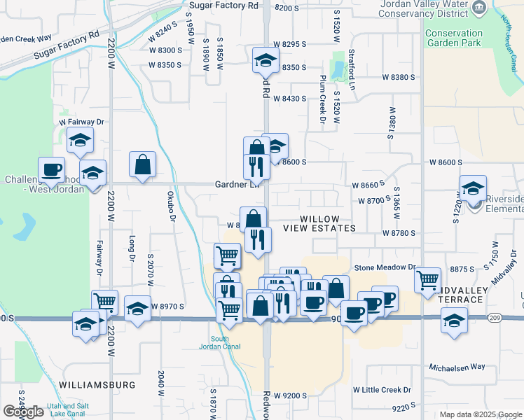 map of restaurants, bars, coffee shops, grocery stores, and more near 8718 South Redwood Road in West Jordan
