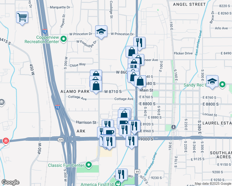 map of restaurants, bars, coffee shops, grocery stores, and more near 87 West 8710 South in Sandy