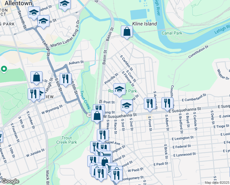 map of restaurants, bars, coffee shops, grocery stores, and more near 900 South Race Street in Allentown