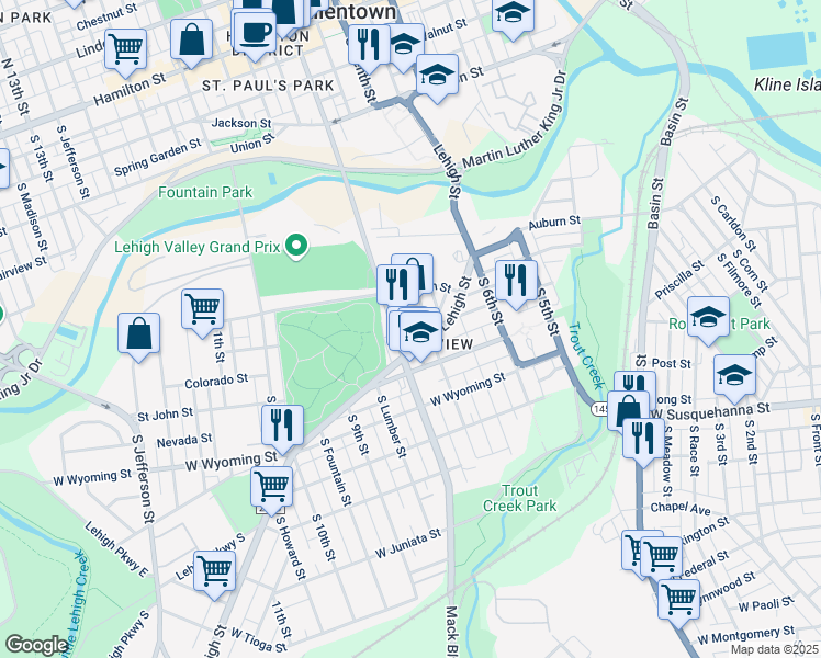 map of restaurants, bars, coffee shops, grocery stores, and more near 745 South Delaware Street in Allentown