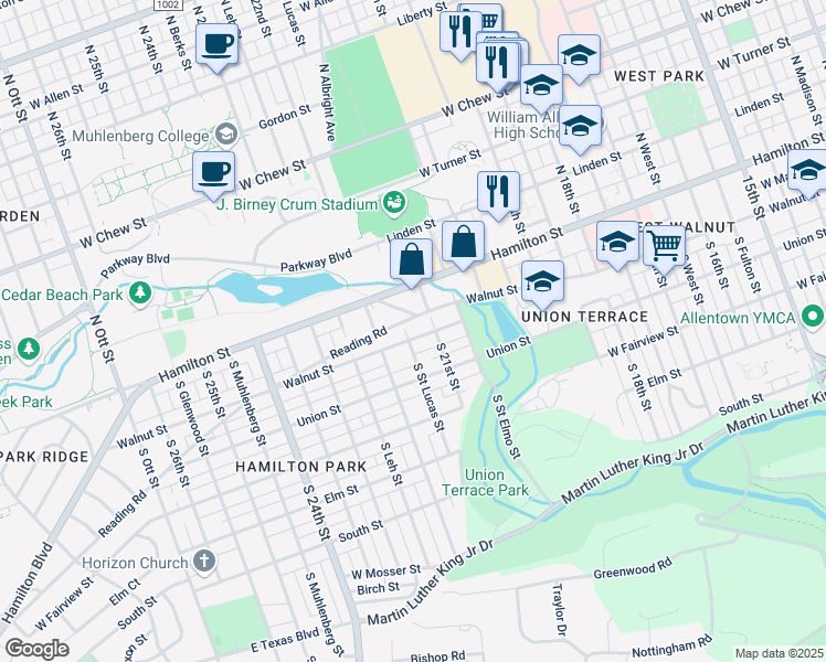 map of restaurants, bars, coffee shops, grocery stores, and more near 2119 Walnut Street in Allentown