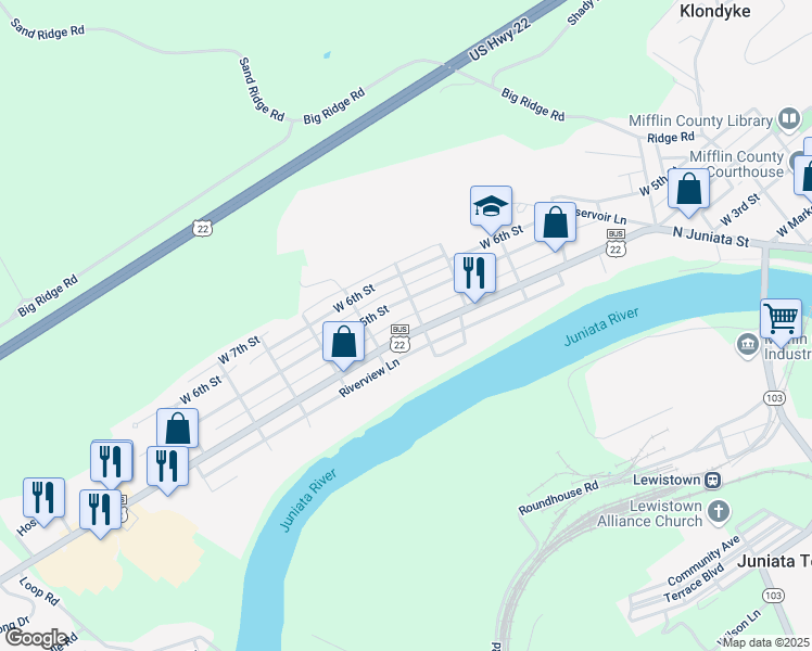 map of restaurants, bars, coffee shops, grocery stores, and more near 705 West 4th Street in Lewistown