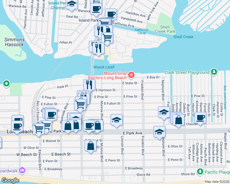 map of restaurants, bars, coffee shops, grocery stores, and more near 358 East Harrison Street in Long Beach