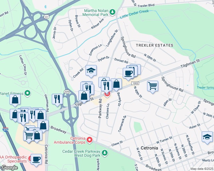 map of restaurants, bars, coffee shops, grocery stores, and more near 4164 Hampshire Court in Allentown