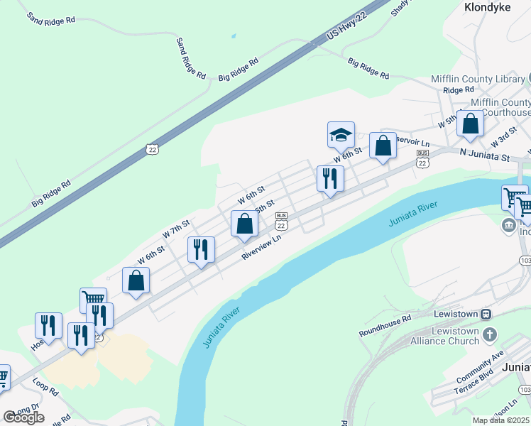 map of restaurants, bars, coffee shops, grocery stores, and more near 728 West 5th Street in Lewistown