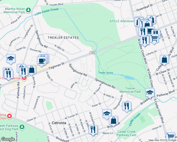 map of restaurants, bars, coffee shops, grocery stores, and more near 412 Benner Road in Allentown
