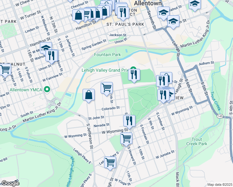 map of restaurants, bars, coffee shops, grocery stores, and more near 1016 Harrison Street in Allentown
