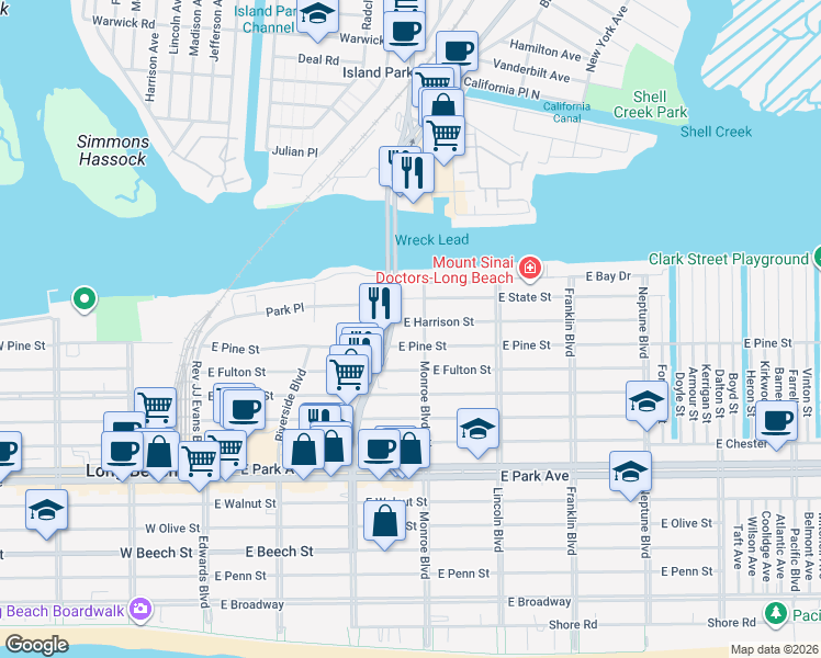 map of restaurants, bars, coffee shops, grocery stores, and more near in Long Beach