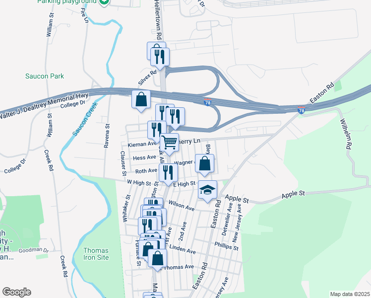 map of restaurants, bars, coffee shops, grocery stores, and more near 1650 Burkhardt Street in Hellertown