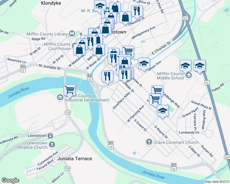 map of restaurants, bars, coffee shops, grocery stores, and more near 47 West Charles Street in Lewistown