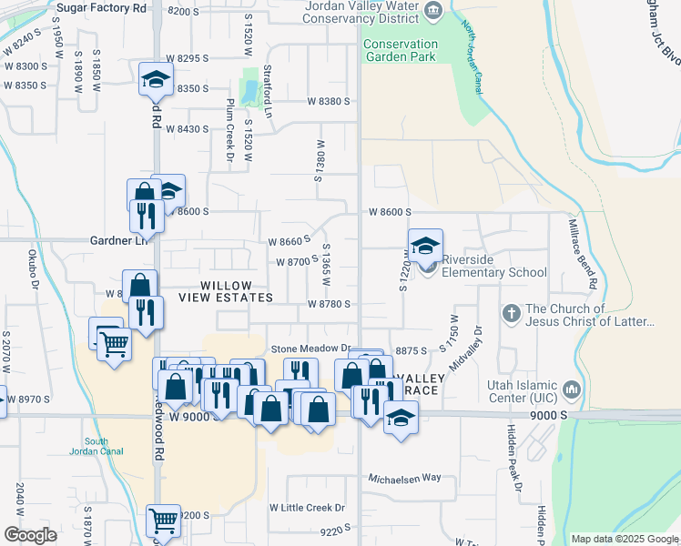 map of restaurants, bars, coffee shops, grocery stores, and more near 1335 Taryn's Lane in West Jordan