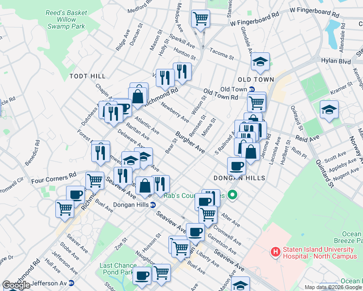 map of restaurants, bars, coffee shops, grocery stores, and more near 16 Bear Street in Staten Island
