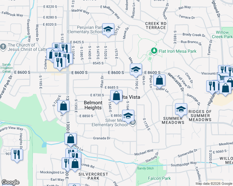 map of restaurants, bars, coffee shops, grocery stores, and more near 1579 East 8730 South in Sandy