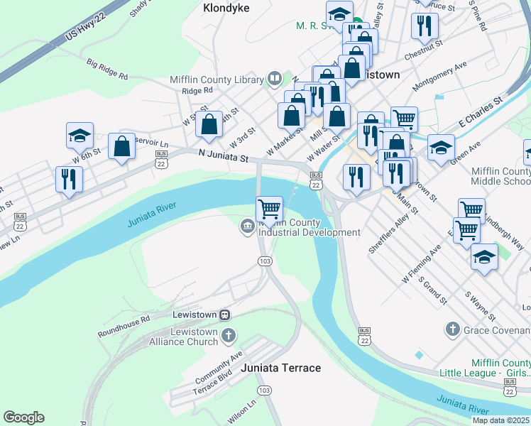 map of restaurants, bars, coffee shops, grocery stores, and more near 6398 Belle Avenue in Lewistown