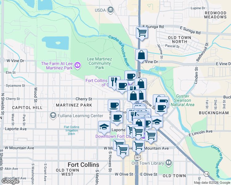 map of restaurants, bars, coffee shops, grocery stores, and more near 405 Mason Court in Fort Collins