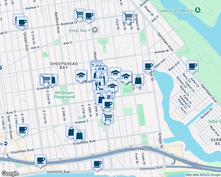 map of restaurants, bars, coffee shops, grocery stores, and more near 2435 Haring Street in Brooklyn