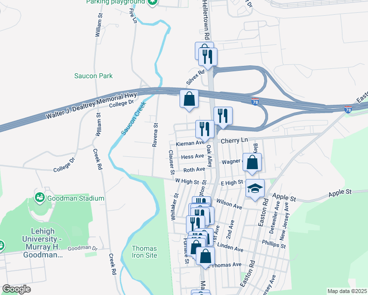 map of restaurants, bars, coffee shops, grocery stores, and more near 78 Kiernan Avenue in Hellertown