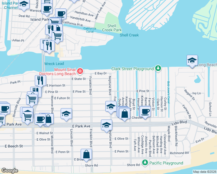map of restaurants, bars, coffee shops, grocery stores, and more near 572 East Harrison Street in Long Beach