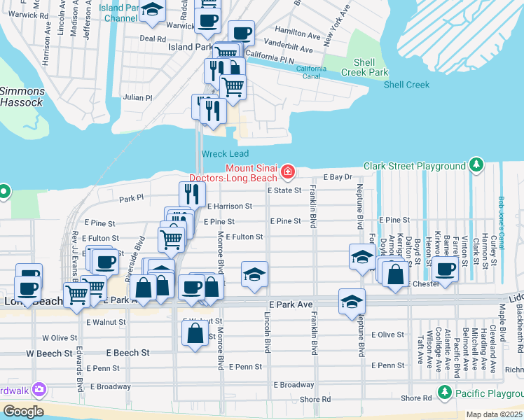 map of restaurants, bars, coffee shops, grocery stores, and more near 667 Lincoln Boulevard in Long Beach