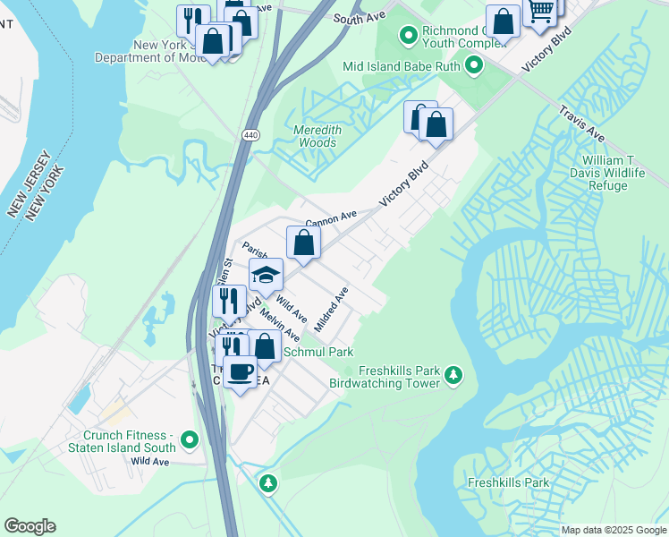 map of restaurants, bars, coffee shops, grocery stores, and more near 109 Burke Avenue in Staten Island