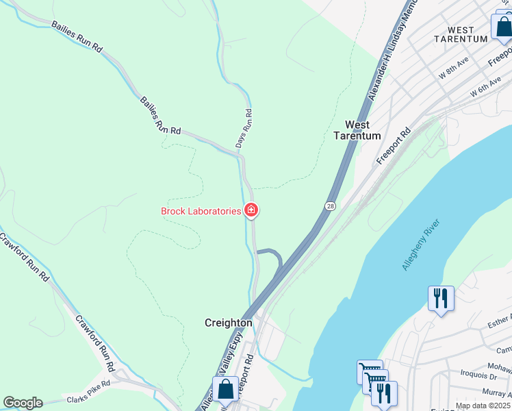 map of restaurants, bars, coffee shops, grocery stores, and more near 286 Bailies Run Road in Creighton