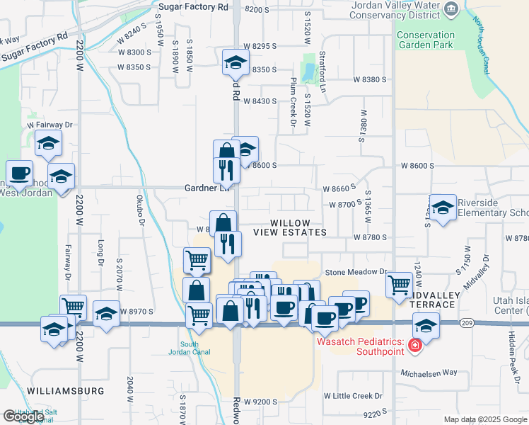 map of restaurants, bars, coffee shops, grocery stores, and more near 1633 West Rockaway Lane in West Jordan
