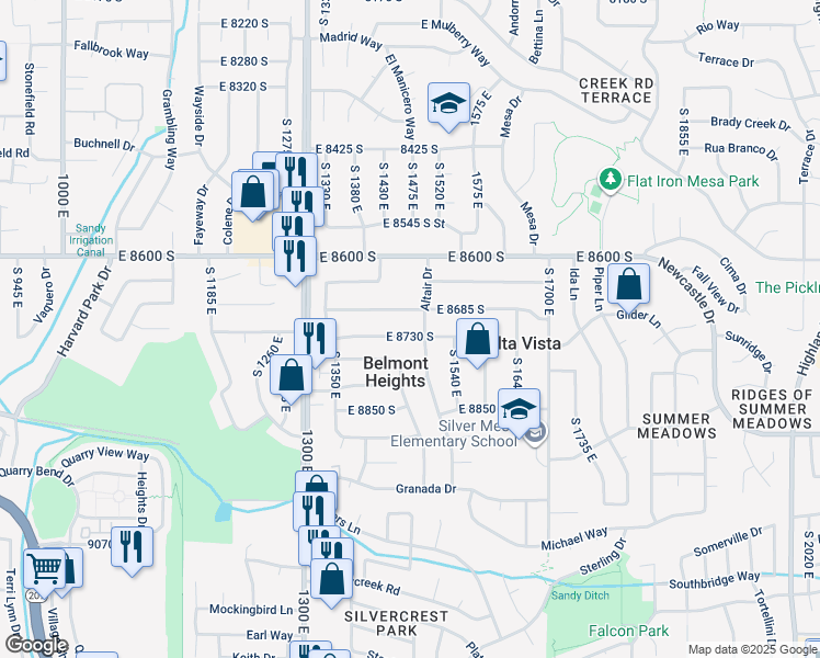 map of restaurants, bars, coffee shops, grocery stores, and more near 1475 8730 South in Sandy