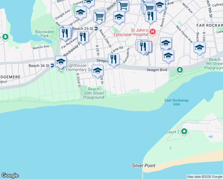 map of restaurants, bars, coffee shops, grocery stores, and more near 1-22 Beach 27th Street in Queens