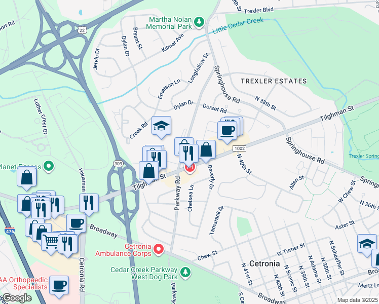 map of restaurants, bars, coffee shops, grocery stores, and more near 4164 Hampshire Court in Allentown