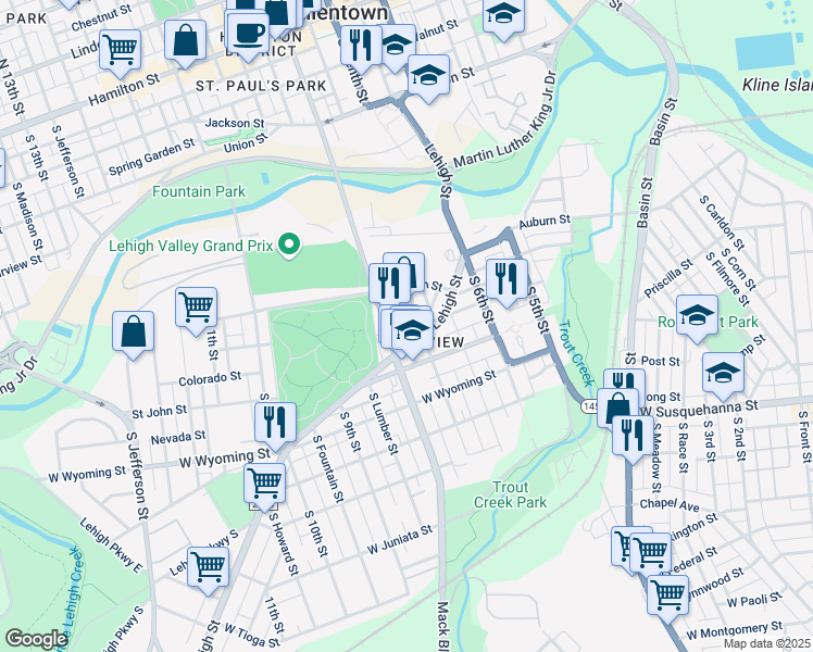 map of restaurants, bars, coffee shops, grocery stores, and more near 745 South Delaware Street in Allentown