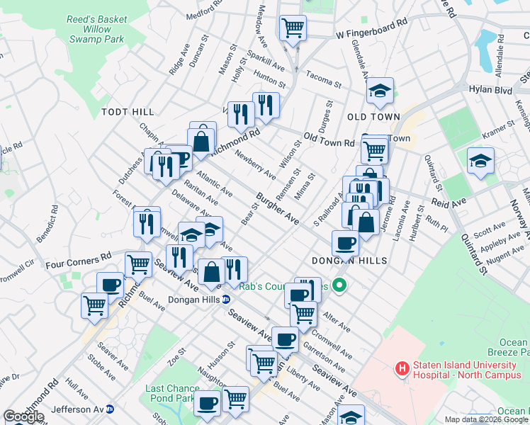 map of restaurants, bars, coffee shops, grocery stores, and more near 16 Bear Street in Staten Island