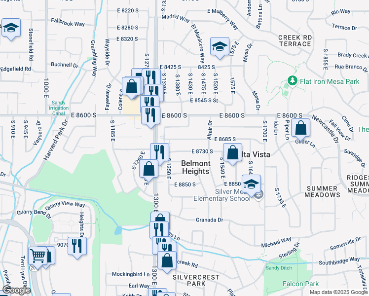 map of restaurants, bars, coffee shops, grocery stores, and more near 1407 E 8730 S in Sandy