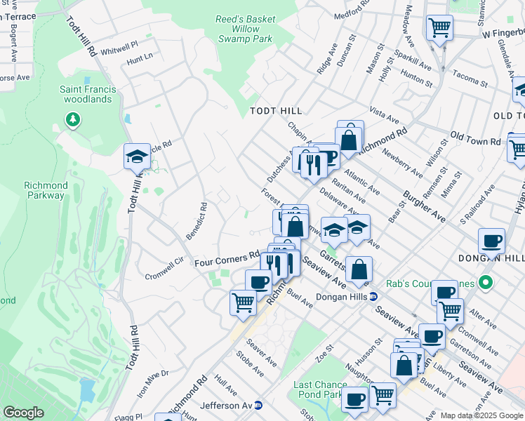 map of restaurants, bars, coffee shops, grocery stores, and more near 6 Romer Road in Staten Island