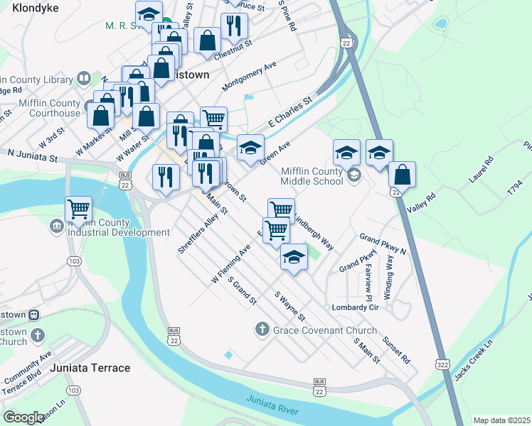 map of restaurants, bars, coffee shops, grocery stores, and more near 443 South Brown Street in Lewistown