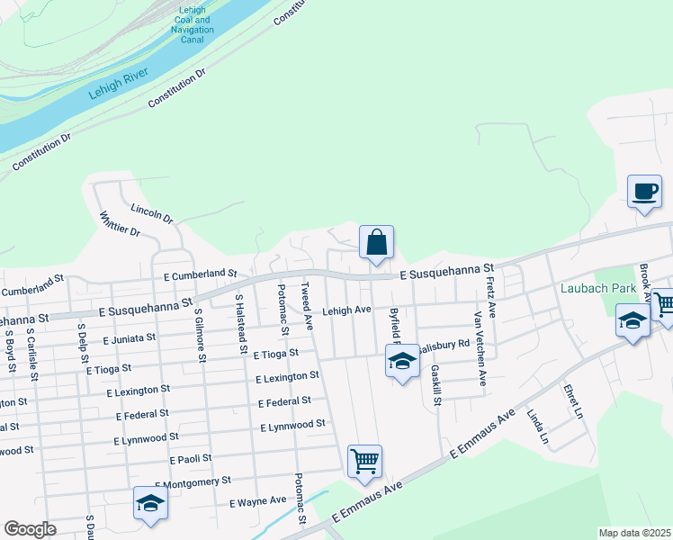 map of restaurants, bars, coffee shops, grocery stores, and more near 1017 East Susquehanna Street in Allentown