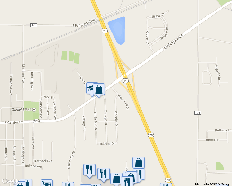map of restaurants, bars, coffee shops, grocery stores, and more near 587 New Park Drive in Marion