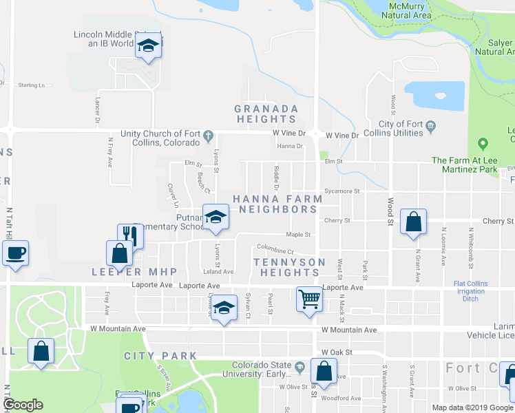 map of restaurants, bars, coffee shops, grocery stores, and more near 401 Tedmon Drive in Fort Collins