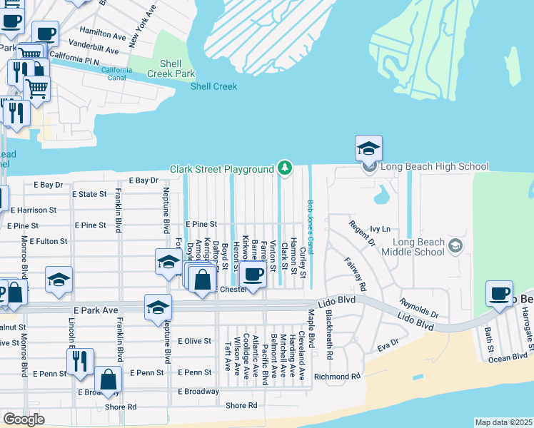 map of restaurants, bars, coffee shops, grocery stores, and more near 60 Farrell Street in Long Beach