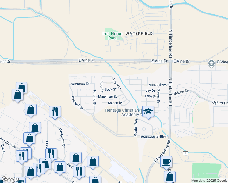 map of restaurants, bars, coffee shops, grocery stores, and more near 2145 Bock Street in Fort Collins