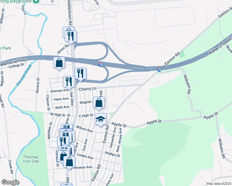 map of restaurants, bars, coffee shops, grocery stores, and more near 1649 Ilona Drive in Hellertown