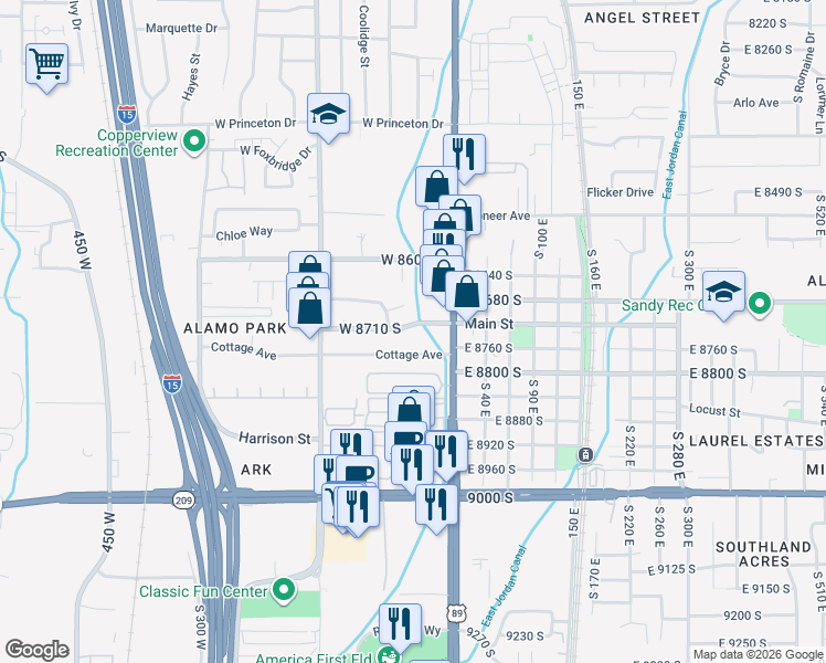 map of restaurants, bars, coffee shops, grocery stores, and more near 47 West 8710 South in Sandy