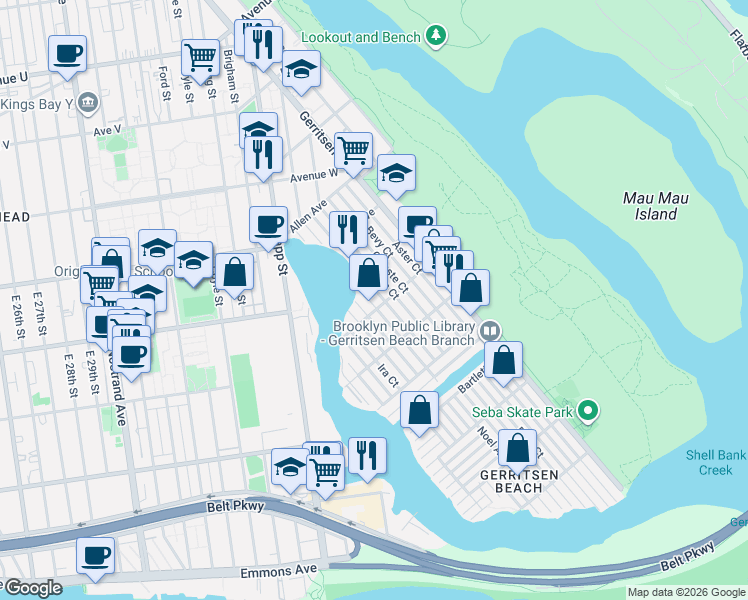 map of restaurants, bars, coffee shops, grocery stores, and more near 54 Fane Court in Brooklyn