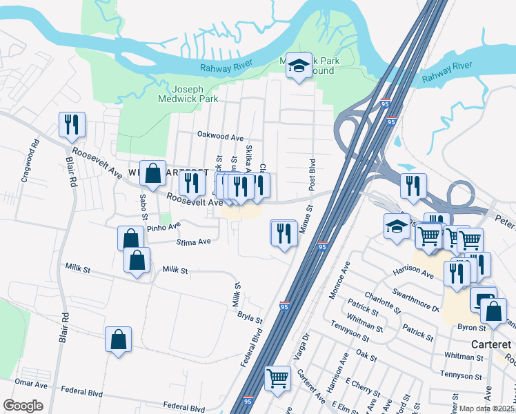 map of restaurants, bars, coffee shops, grocery stores, and more near 1235-1239 Roosevelt Avenue in Carteret