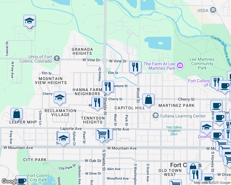 map of restaurants, bars, coffee shops, grocery stores, and more near West Street in Fort Collins