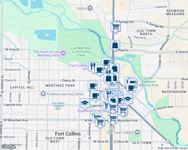 map of restaurants, bars, coffee shops, grocery stores, and more near 405 Mason Court in Fort Collins