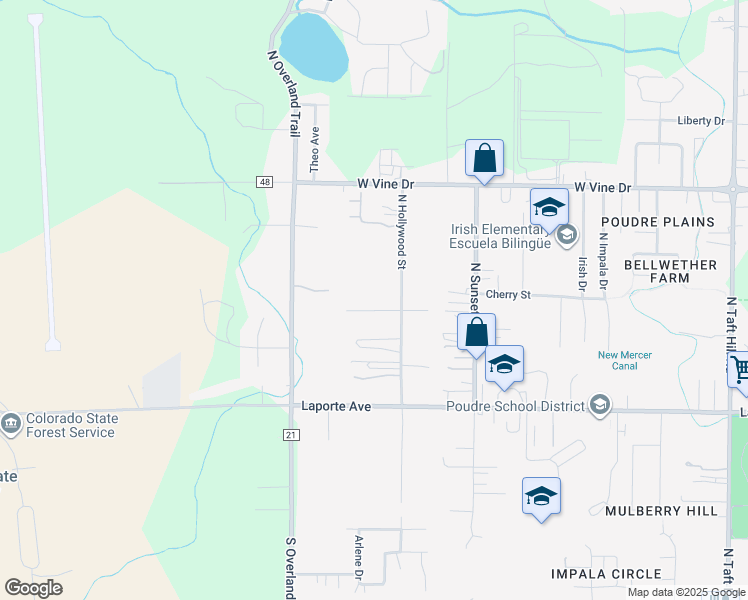 map of restaurants, bars, coffee shops, grocery stores, and more near 2934 Cherry Lane in Fort Collins