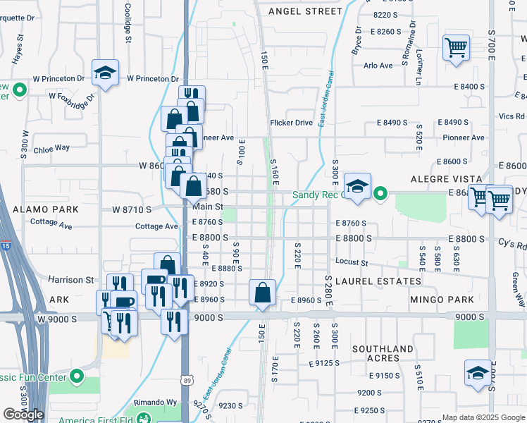 map of restaurants, bars, coffee shops, grocery stores, and more near 134 Main Street in Sandy