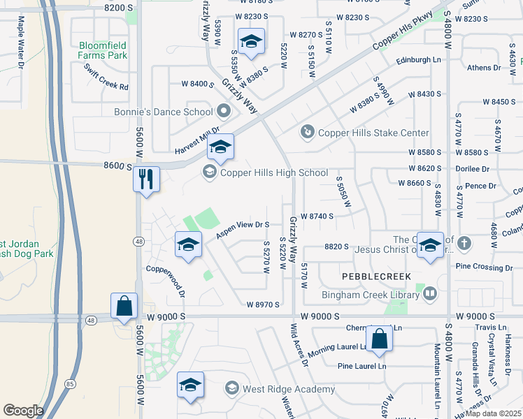 map of restaurants, bars, coffee shops, grocery stores, and more near 8729 Mountain Pass Circle in West Jordan