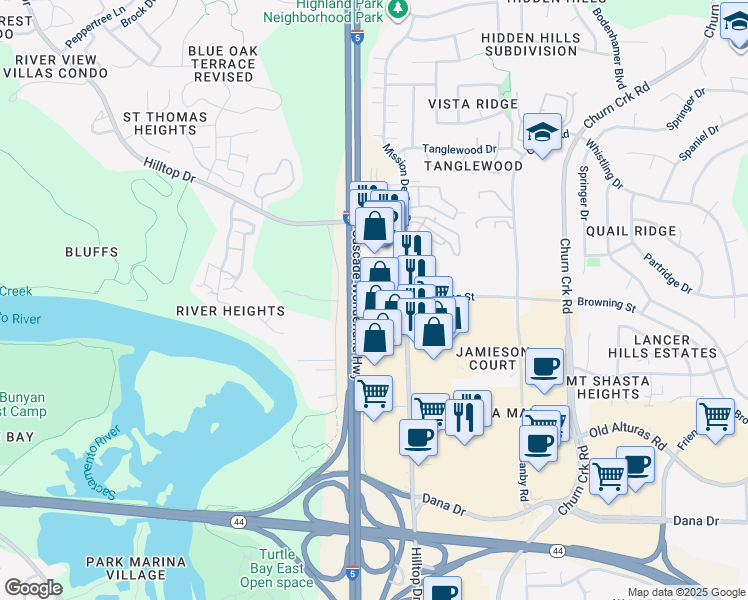 map of restaurants, bars, coffee shops, grocery stores, and more near 710 Browning Street in Redding